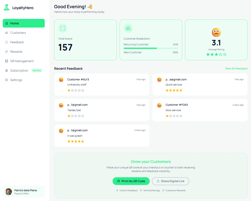 LoyaltyHero merchant dashboard showing total scans, customer breakdown, and recent feedback